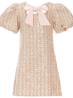 Gianni Bini Pink Sequined Tweed Bow Neck Dress